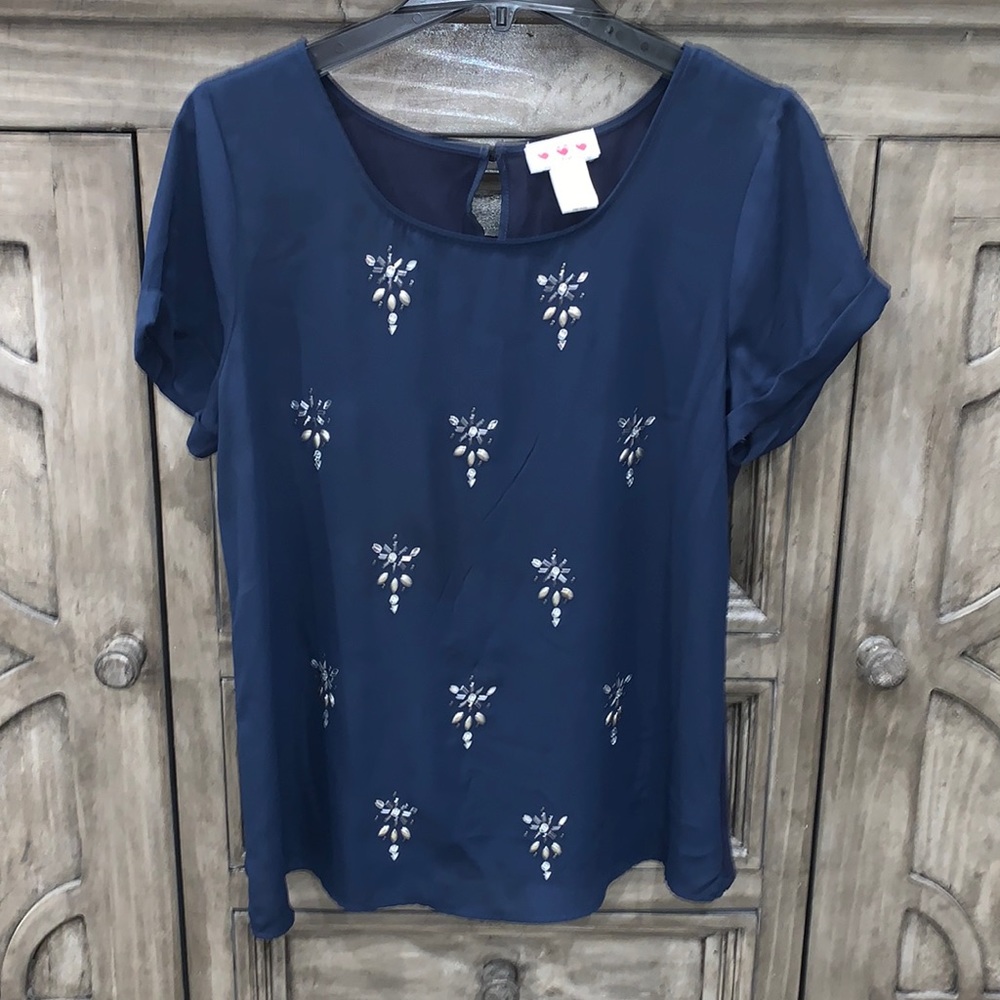 EUC Juniors Three Pink Hearts Navy Blue Beaded Roll Sleeve Blouse (Large)